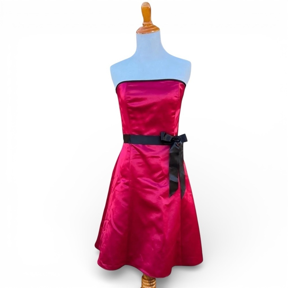90s Vampy Red Satin Mini Dress Gunne Sax Black Bow Dark Coquette Prom